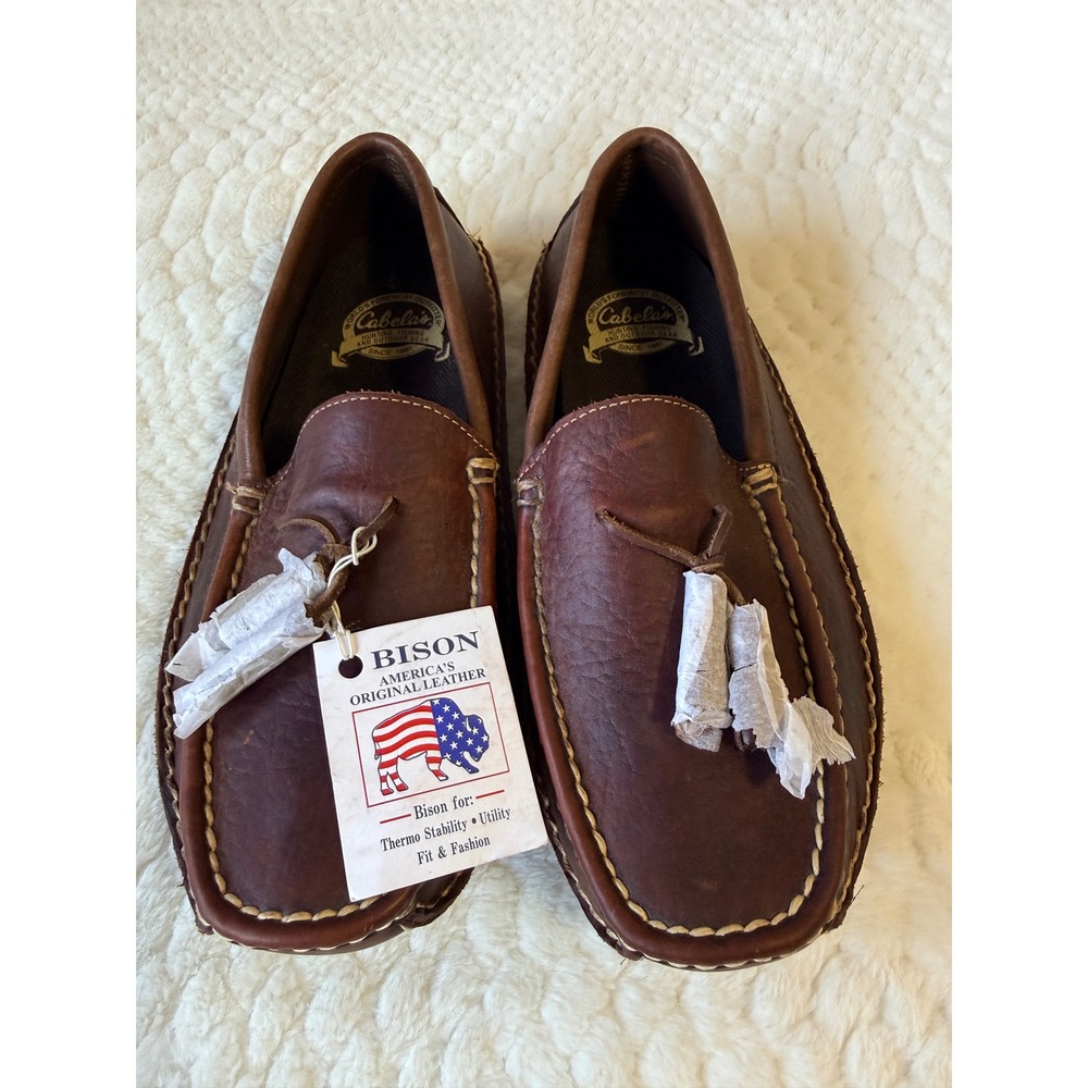 Cabelas Mens Bison Leather Moccasin Slippers Brown Slip On Loafers Size 9EE NEW‎